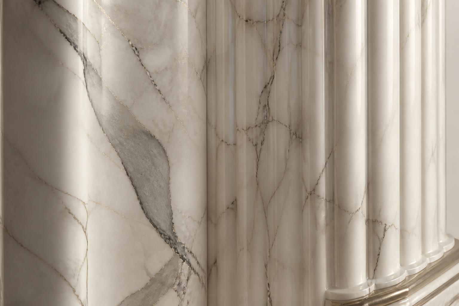 A grand staircase and marble columns inside a luxury hall in soft light